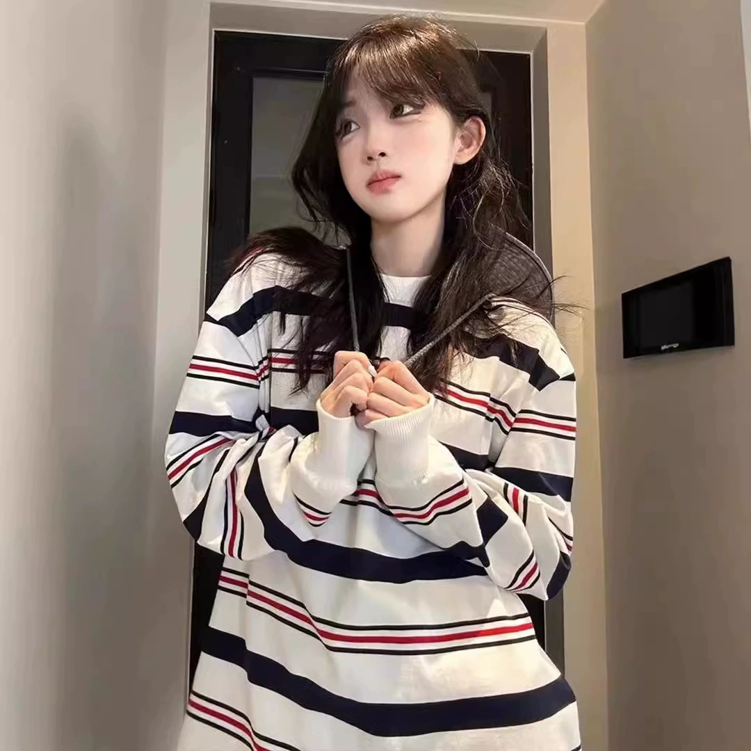 Streetwear Brand Of The Year - 아메리칸 스타일 오버사이즈 스트라이프 스웨트셔츠 여성용